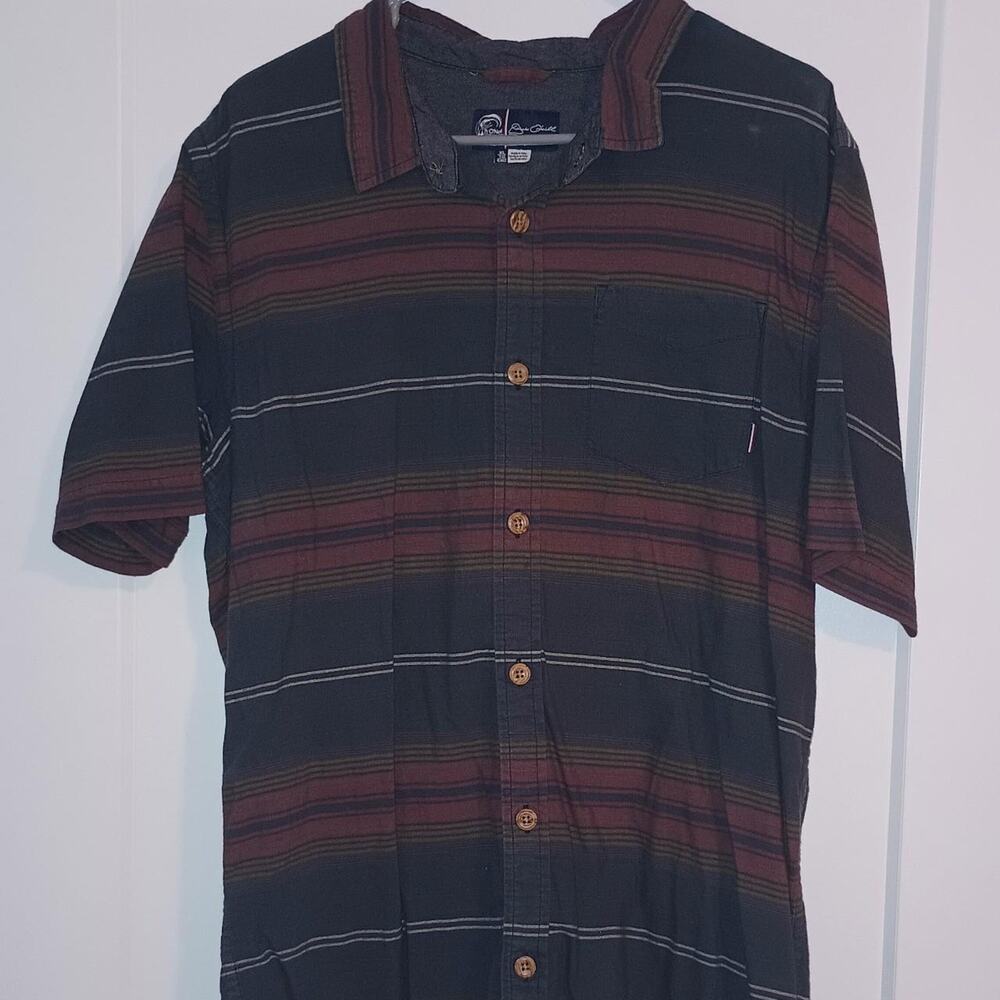 Y2K - O'neill Striped Surf Button-Up Shirt - Mens XL - Burgundy and Navy Boho